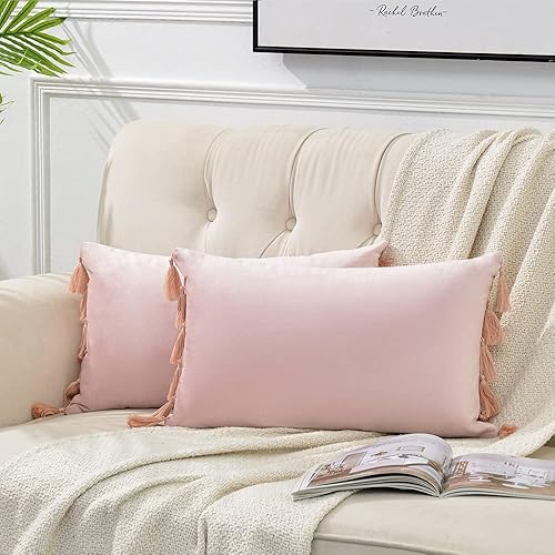 Fancy Homi Paquete de 2 fundas de almohada decorativas lumbares color rosa rubor de 12 x 20 pulgadas con borlas para sala de estar sofá dormitorio