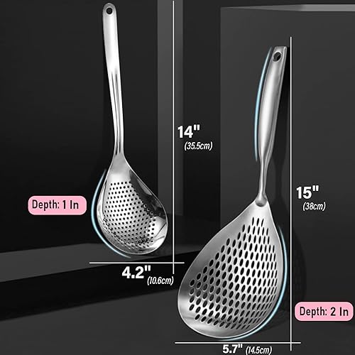 Miniatura 3 de KAYCROWN Skimmer - Cuchara ranurada, paquete de 2 cucharones de acero inoxidable para pasta y araña, para freír y cocinar, cuchara coladora de cocina