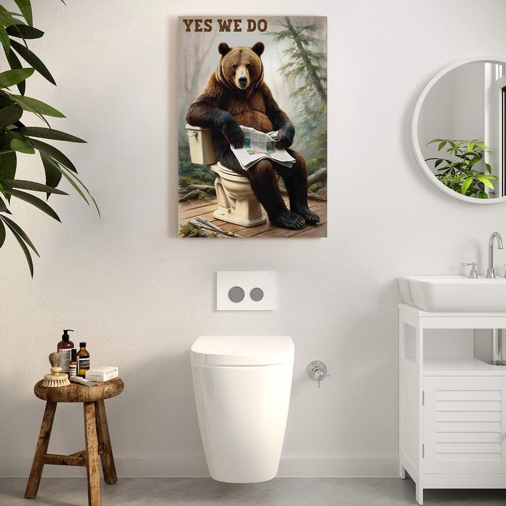 GUBIYU Funny Bathroom Bear Wall Art a Fun Bear Reading in Toliet in the Woods and it Seems Yes We Do Quirky Posters Canvas Painting Picture Humor Animal Wall Decor for Restroom Toliet Bathroom 16"x24"