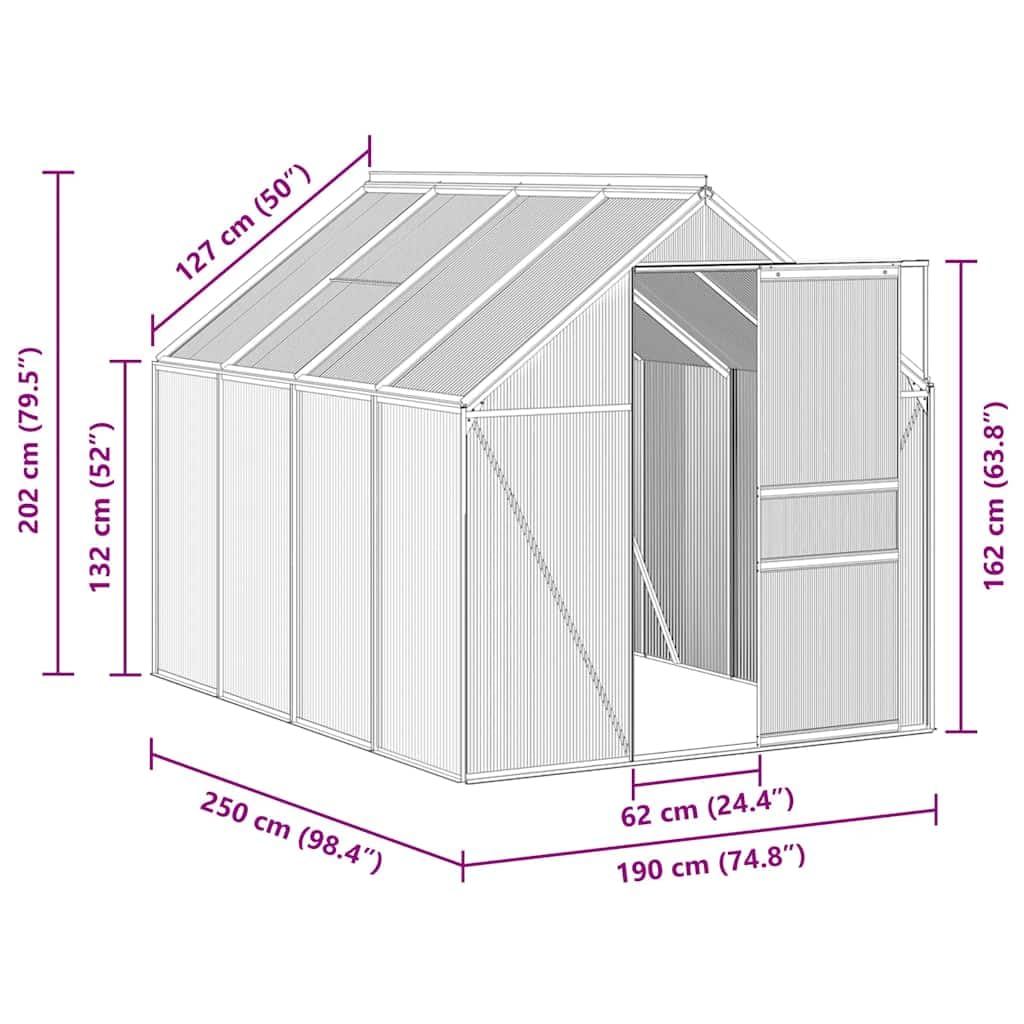 Szklarnia z fundamentem, antracyt, aluminium, poliwęglan, 4,75 m², szklarnia ogrodowa z oknem dachowym i drzwiami, do ochrony roślin i zimowania, do uprawy warzyw na świeżym powietrzu