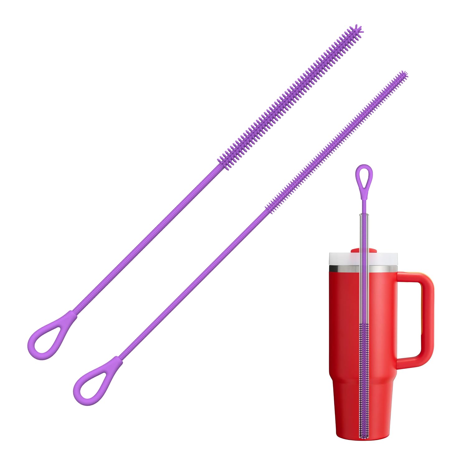 Silikon Strohhalm Bürste, 2 Stück Wiederverwendbare Strohhalmbürsten für Glas Strohhalm, Metall Strohhalm, Smoothie Strohhalme und Trinkbecher, Biegsamer, Rutschfester Griff, 6mm+9mm, Lila