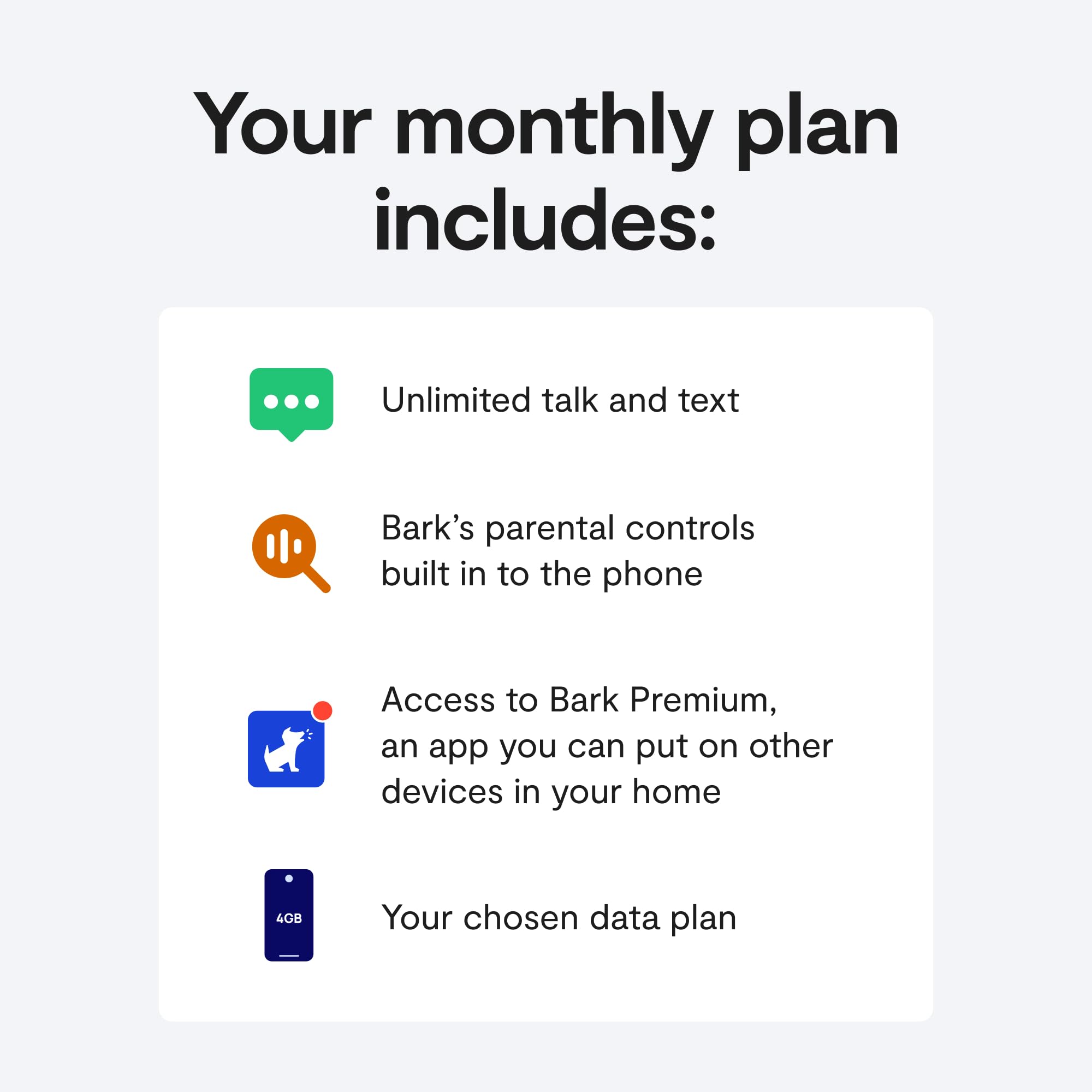 Bark Phone - Safest Phone for Kids & Teens - Monitor Texts, Social Media, and More - Tamper Proof Parental Controls - GPS Tracking - Unlimited Talk/Text A16