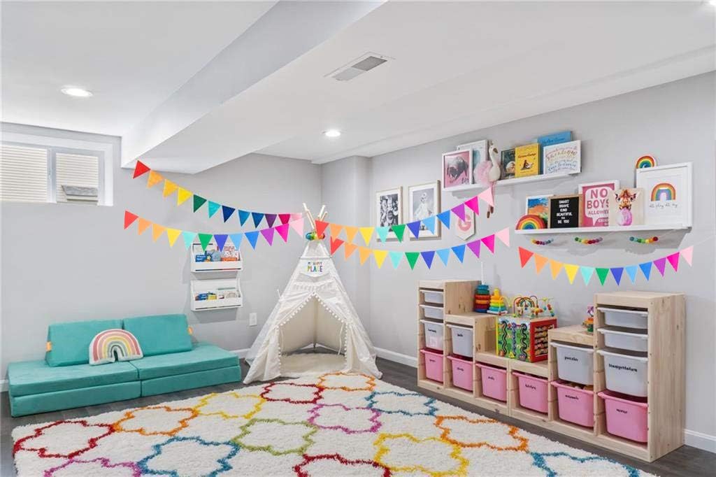 LOVENJOY 5 Assembled Felt Rainbow Banner Garlands, Colorful Pennant Buntings for Classroom or Birthday Party Decoration