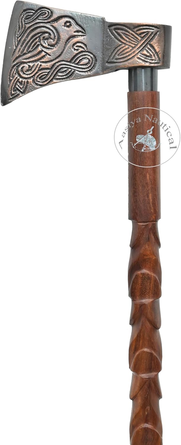 Warrior's Edge Designed Aluminium Handle Walking Stick - Brown Wooden Cane with Intricate Carved Design, Axe Handle