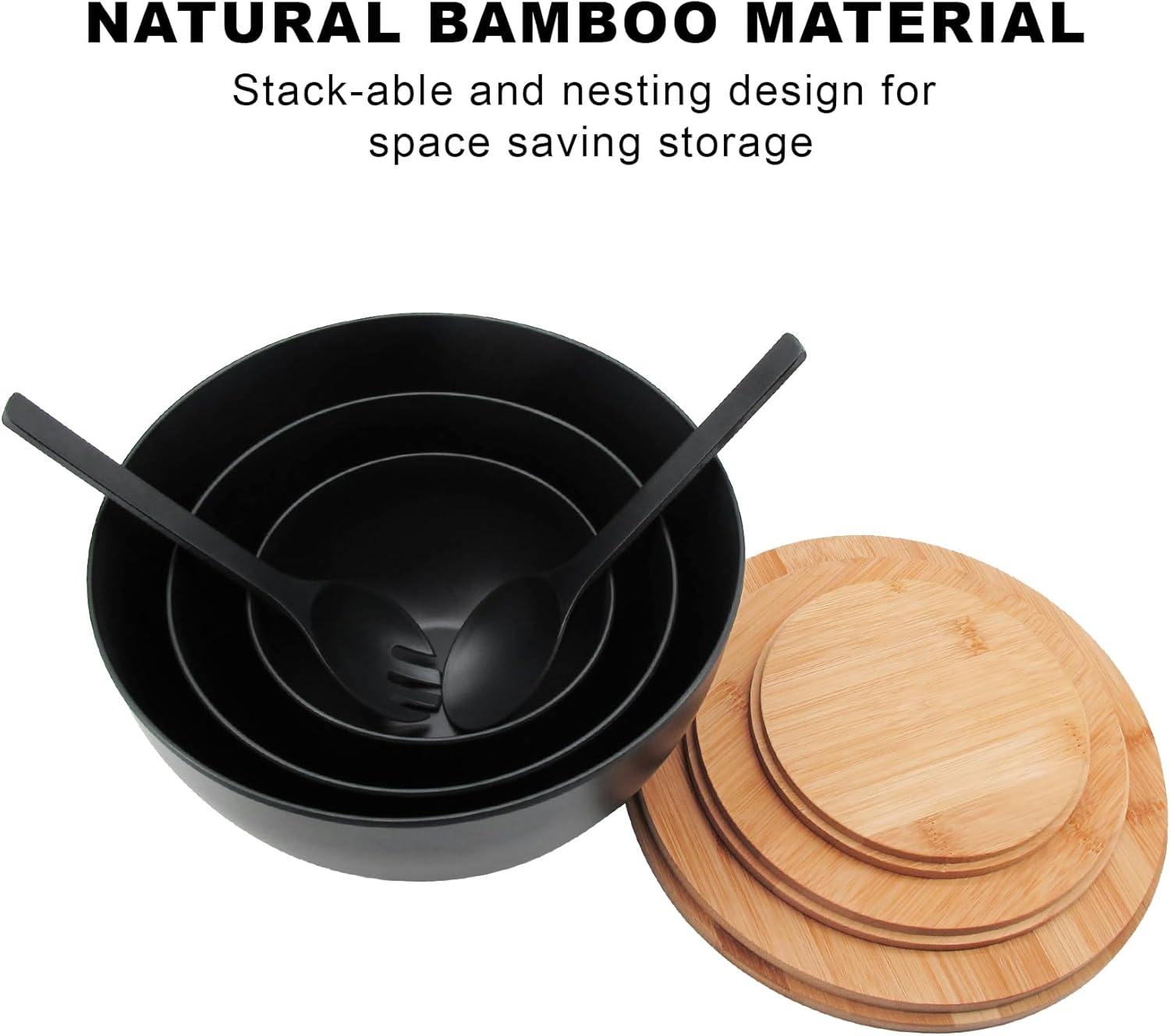 Salad Bowls Set of 3 with Lid & Serving Utensils, Bamboo Fiber Mixing Bowls Set Large Serving Bowls & Storage Set with Bamboo Lid for Salad, Kitchen Eating, Pasta, Popcorn, Chips, Fruit, Black - Image 4
