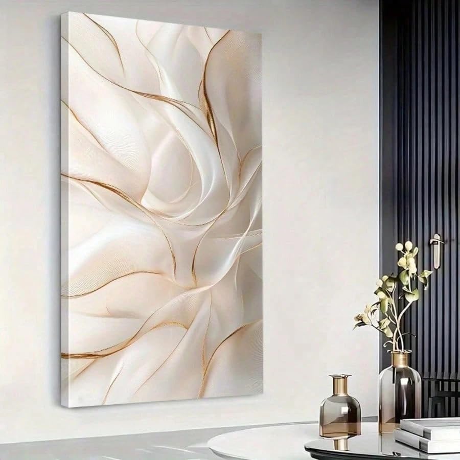 Toile abstraite blanche et dorée pour salon moderne, tableau fluide avec cadre