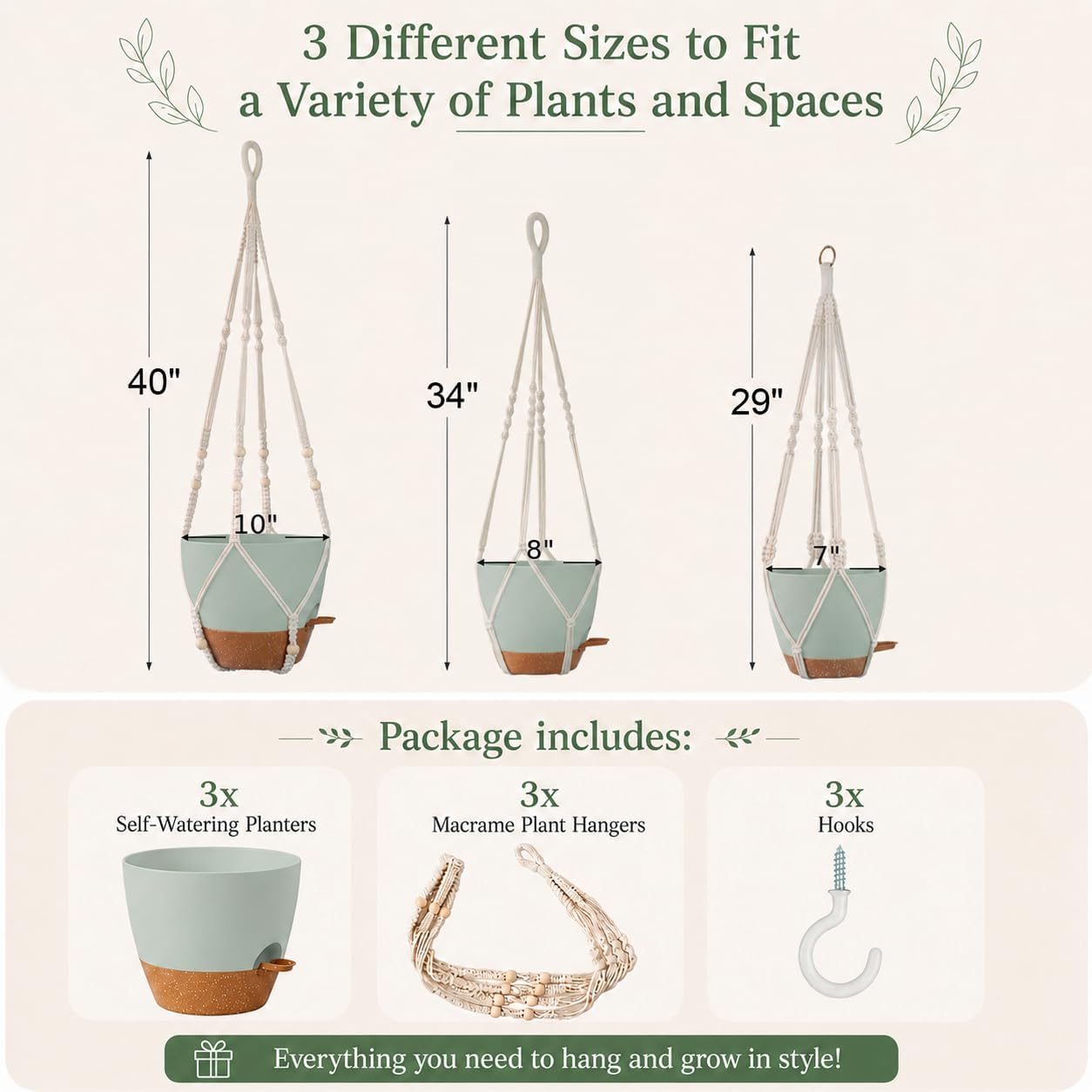 Bouqlife Large Hanging Planters with Macrame Plant Hangers for Indoor Outdoor Plants 3 Set 10" / 8" / 7" Self Watering Pots Hanging Baskets Flower Pot Holders 3 Different Size Green Large image 2