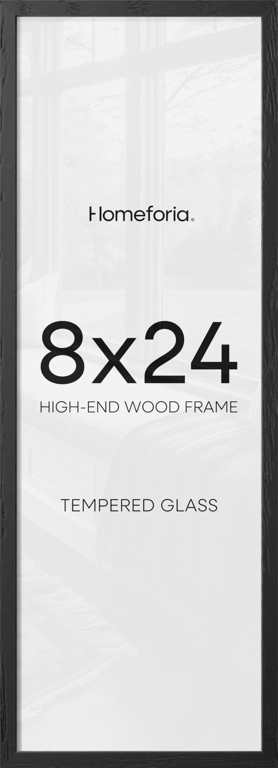 Homeforia 8x24 Black Oak Panoramic Picture Frame, High-End Wood, Glass | High End Solid Oak Wood, Tempered Glass, 8x24 Edge-to-Edge Display 24x8, Wall Kit, Set Of 1