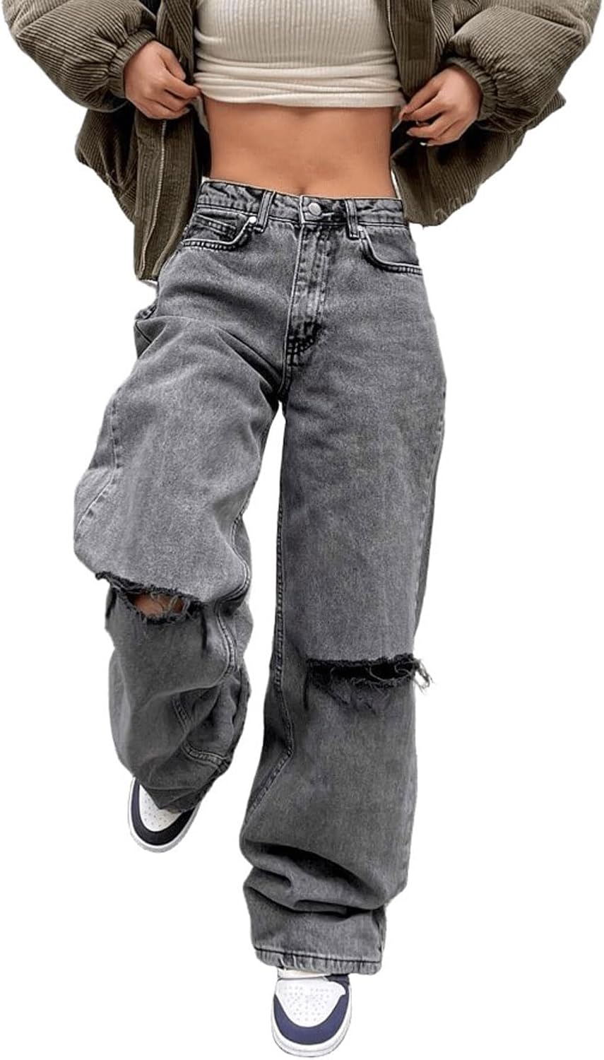 Viatabuna Ripped Jeans for Women Baggy High Waisted Straight Leg Jeans Distressed Boyfriend Washed Denim Pants Y2K Streetwear