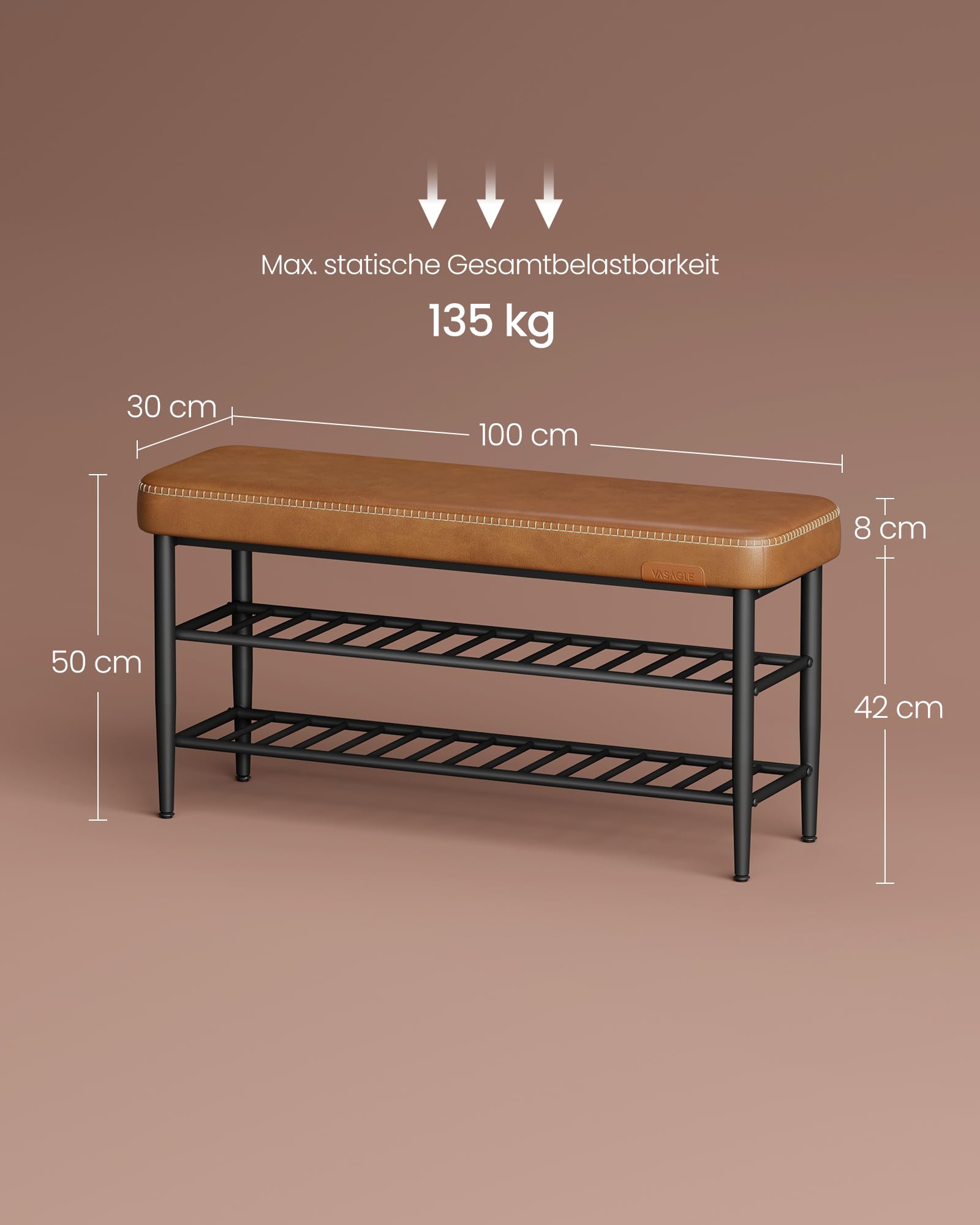 VASAGLE EKHO Kollektion - Schuhbank, Sitzbank, Sitztruhe, Eingangsbereich, Kunstleder, Nähte, Mid-Century-Modern-Stil, modern, bis 135 kg belastbar, 30 x 100 x 50 cm, karamellbraun LSB113K01