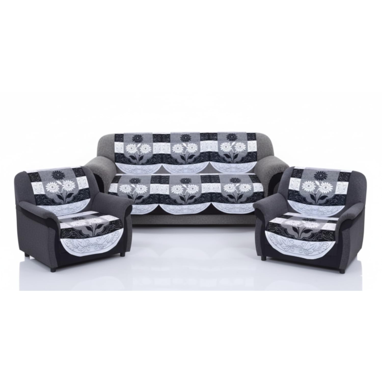 Luxury Floral 3+1+1 Seater Sofa Cover Set – Durable Polyester, Anti-Skid, Lightweight & Washable Sofa Protector (Black & White)-image-39