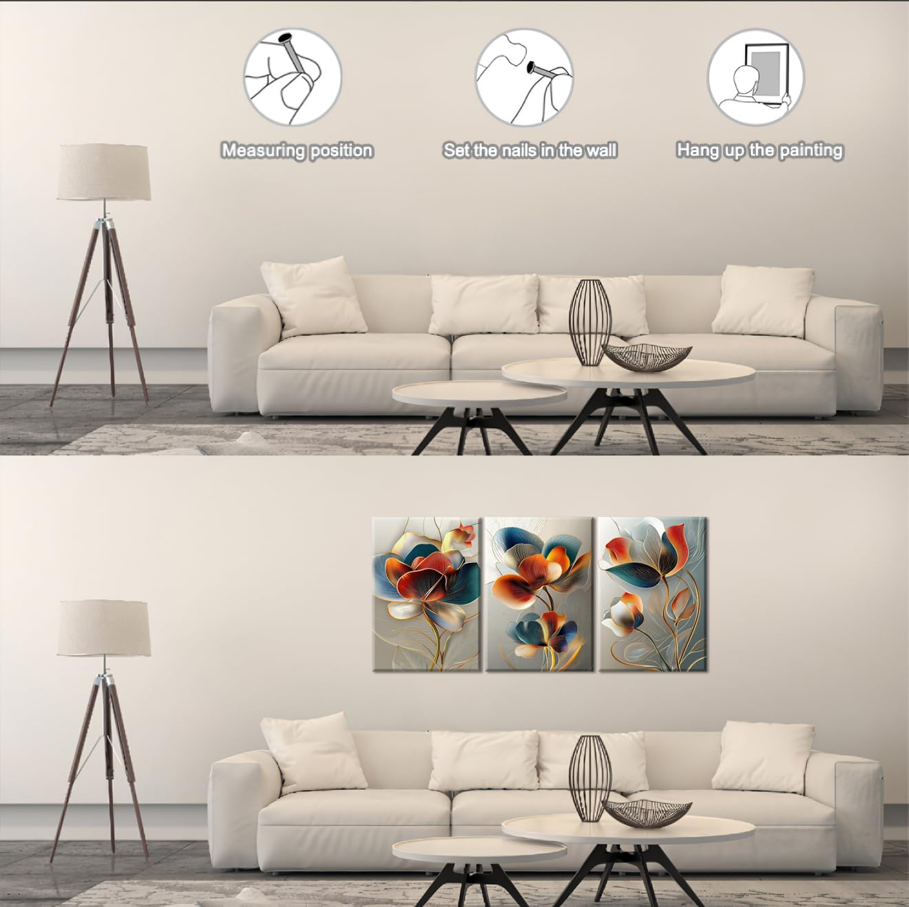 Piy Painting 3x Cuadros De Lienzo Flores, Pintura Sobre Lienzo Moderna, Naranja Impresión HD Impresiones Murales, Grandes Cuadros Con Marco Interior Listo Para Colgar Para Entrada, Baño, 58x40 cm