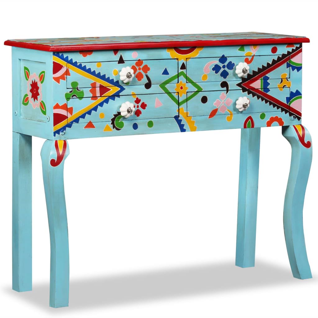 Mesa consola de madera de mango azul con 4 cajones para pasillo y salón retro de 90 cm