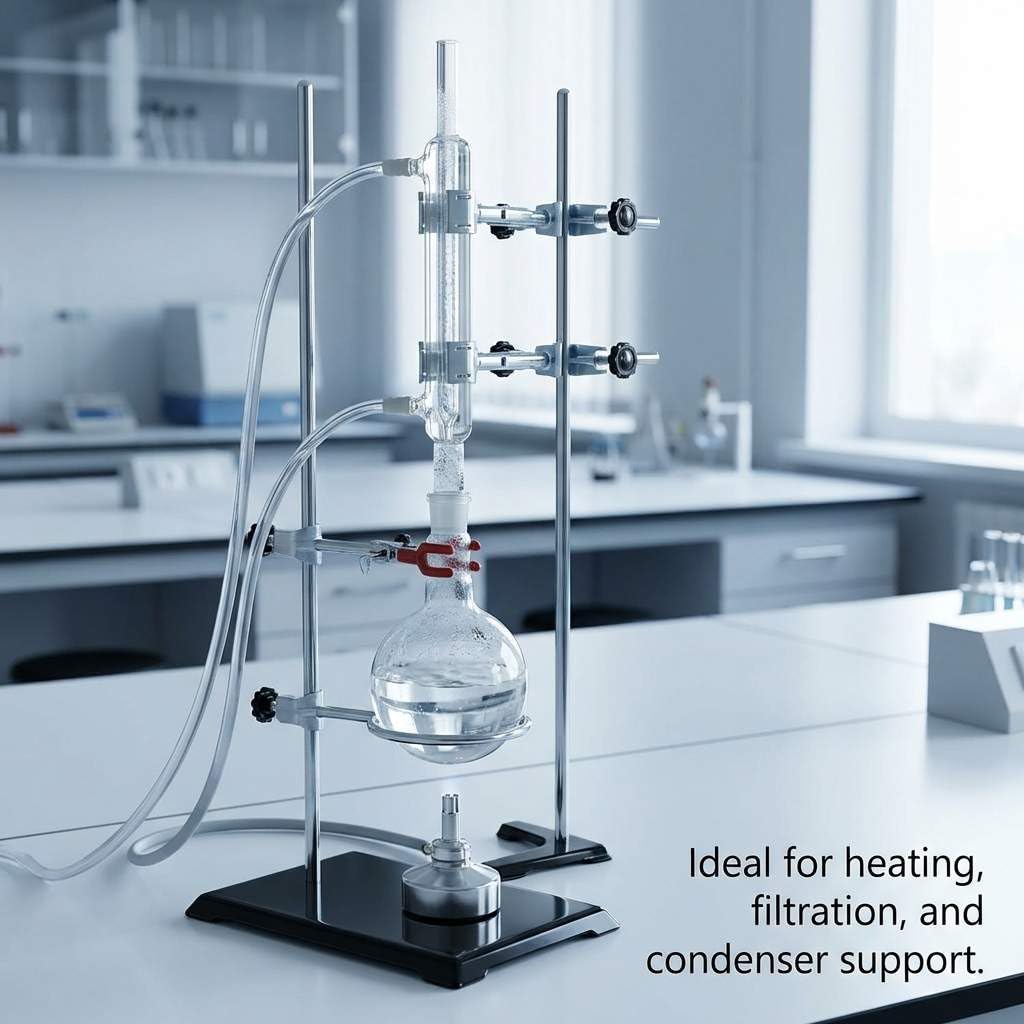 QWORK Set di 2 supporti in metallo per laboratorio, con morsetto in ferro, morsetto per fiaschetta e supporto per condensatore