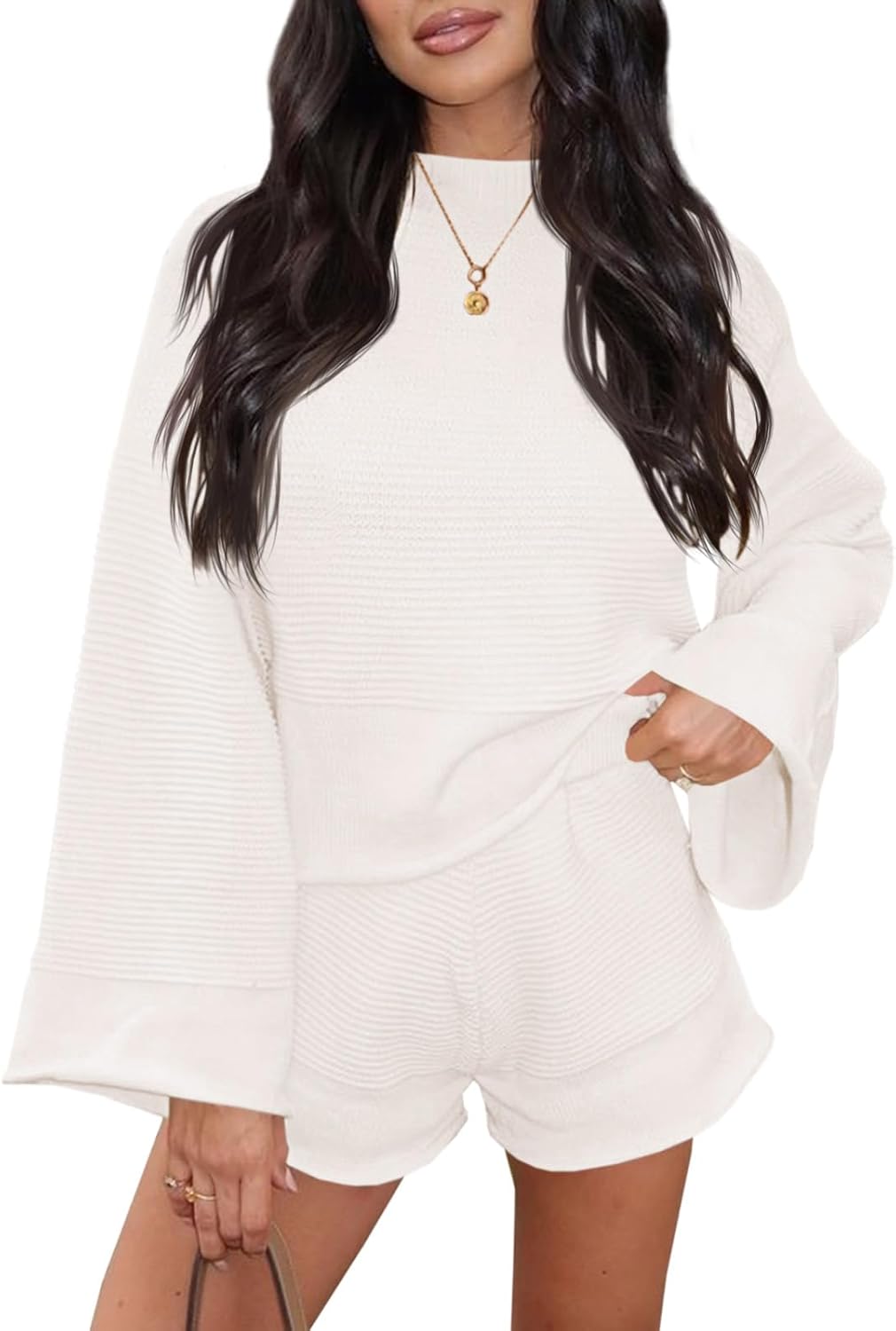 Tankaneo Womens 2 Piece Short Sets Bell Sleeve Mock Neck Oversized Sweater and Shorts Fall Sweater Sets Lounge Matching Set