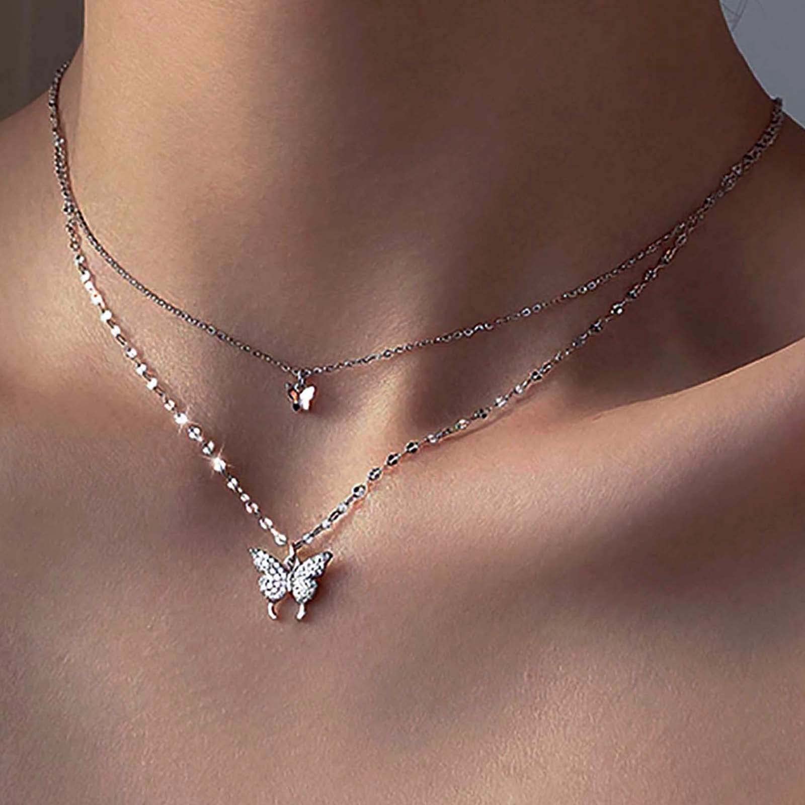 Atentuyi Boho Layered Butterfly Gargantilla Collar Plata Mariposa Colgante Collar Doble Mariposa Cz Collar Pequeña Mariposa Collar Joyas para Mujeres y Niñas