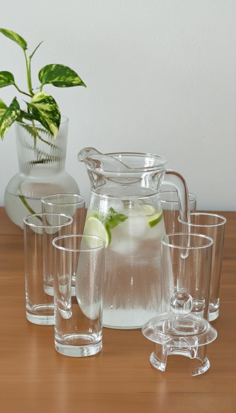 Premium 7-Piece Clear Glass Beverage Set – 1.5L Pitcher with Ergonomic Handle & 6 Tall Highball Glasses – Elegant Glassware for Home, Dining, and Iftar – Lead-Free & Durable
