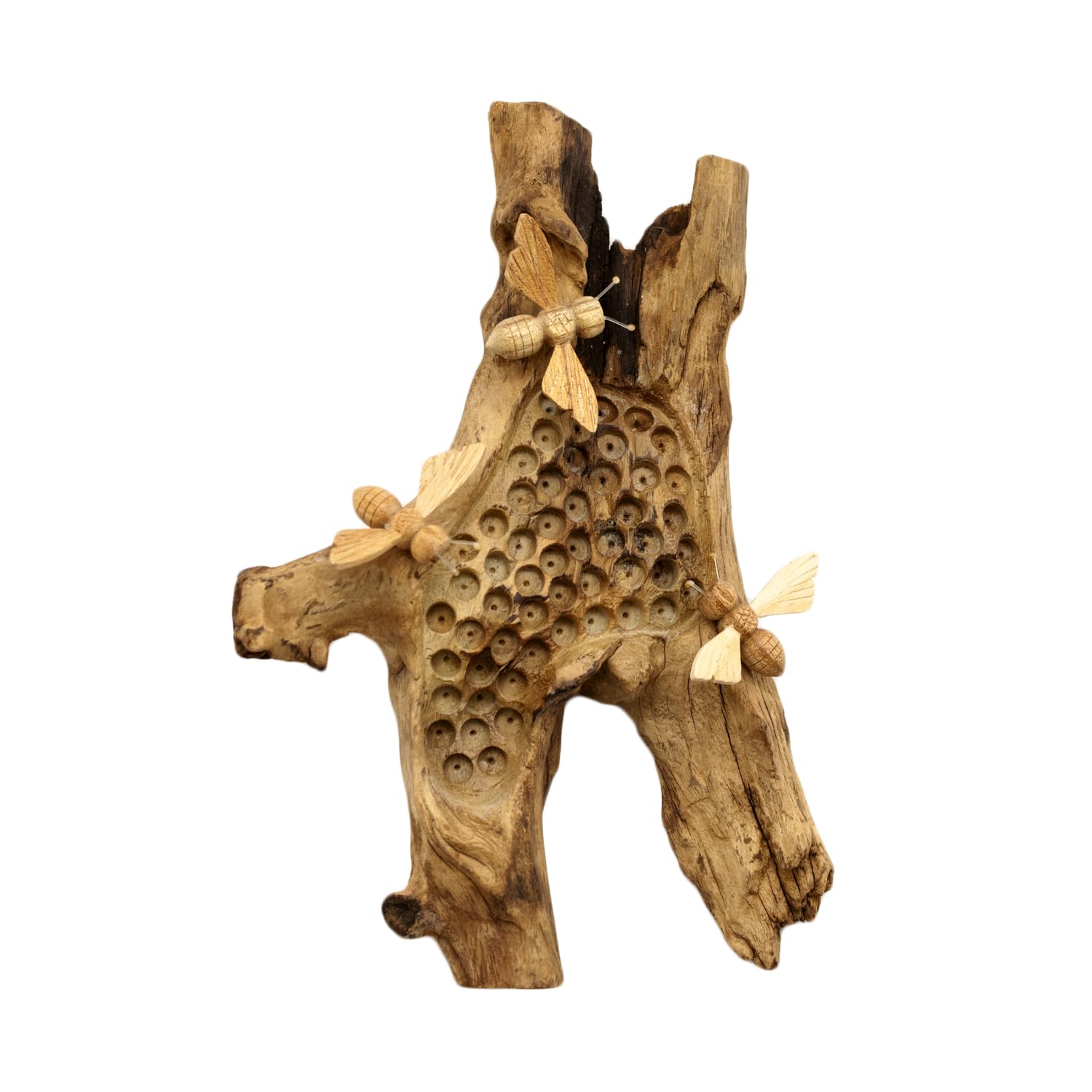 Darthome Teak Root Beehive Wall Hanging with 3 Wooden Bees, Rustic Natural Honeycomb Sculpture, Brown, 11x22x9cm, Indoor Home Decor