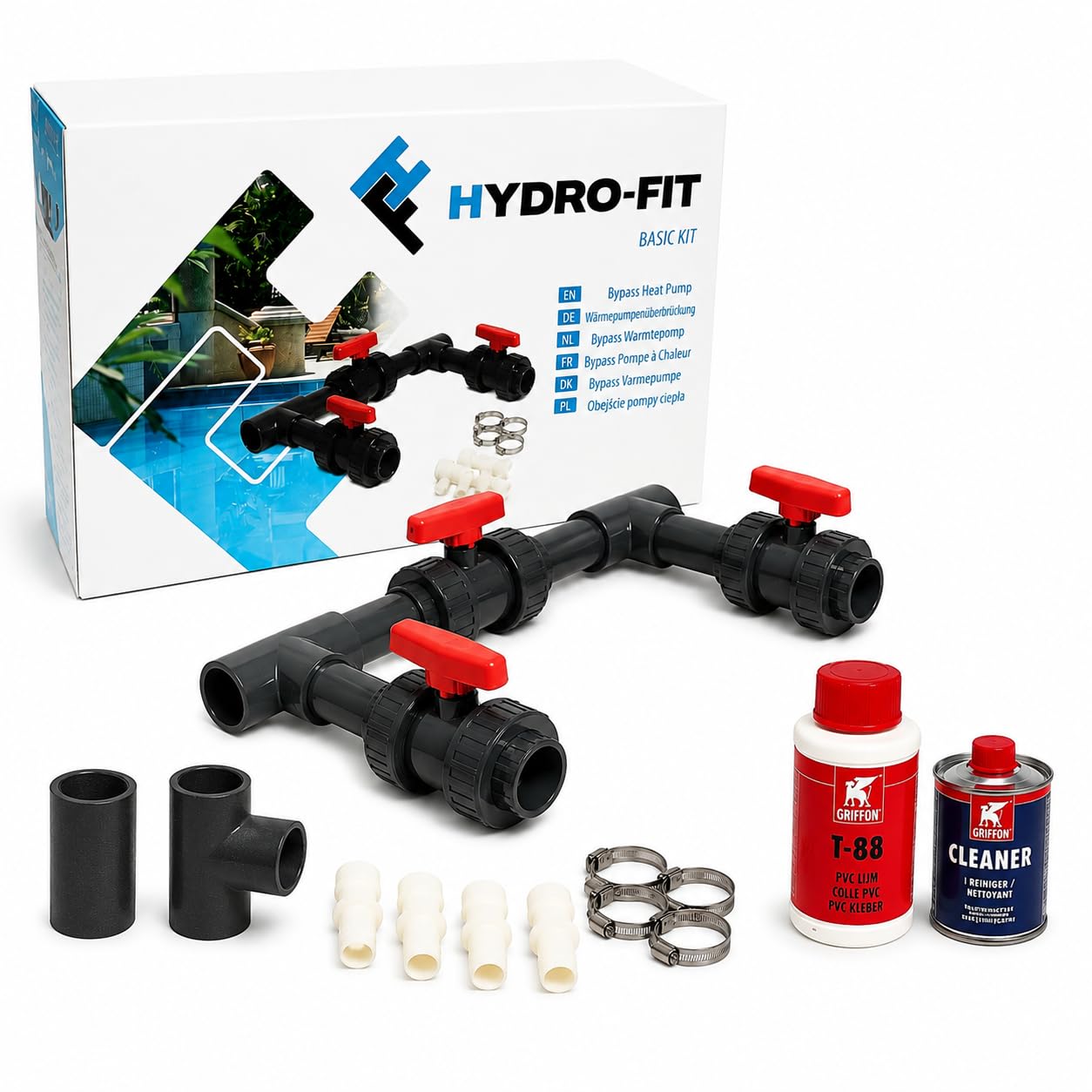COIL Bypass-Kit für Schwimmbad-Wärmepumpen, universelles PVC 50 mm, Set mit 3 Kugelhähnen, Griffon-Kleber und Reiniger – Selbstmontage