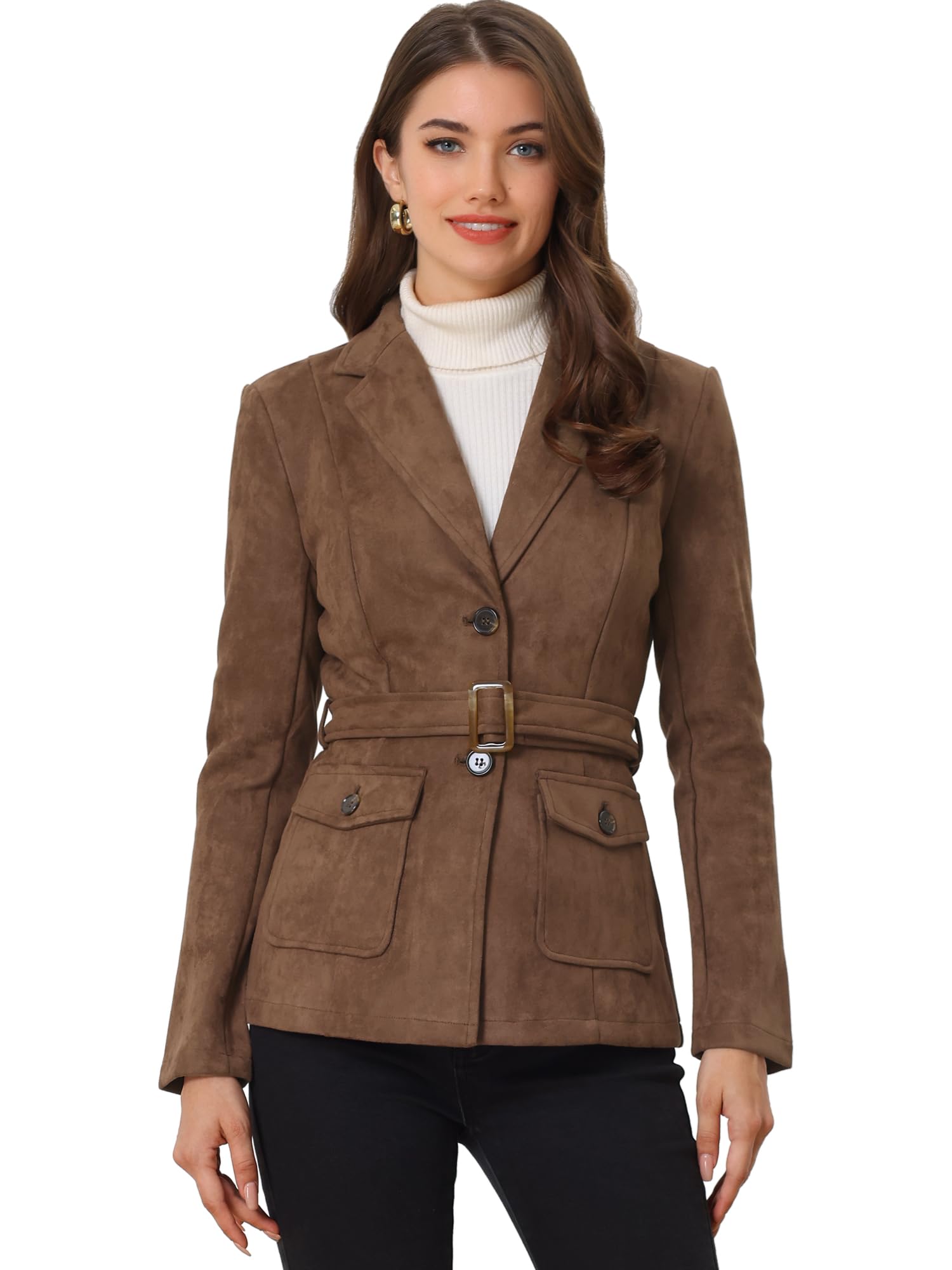 Allegra K Womens Faux Suede Blazer Belted Lapel Outwear Single Breasted Work Jacket
