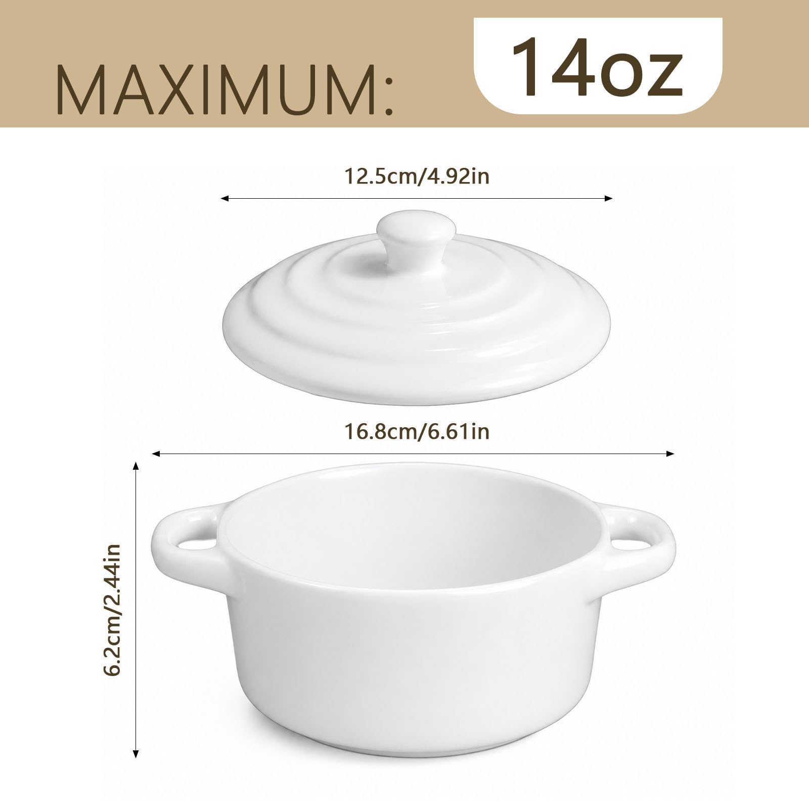 4 Stück Klein Auflaufform Set, 400 ml Mini-Cocottes Weiß Keramik mit Deckel