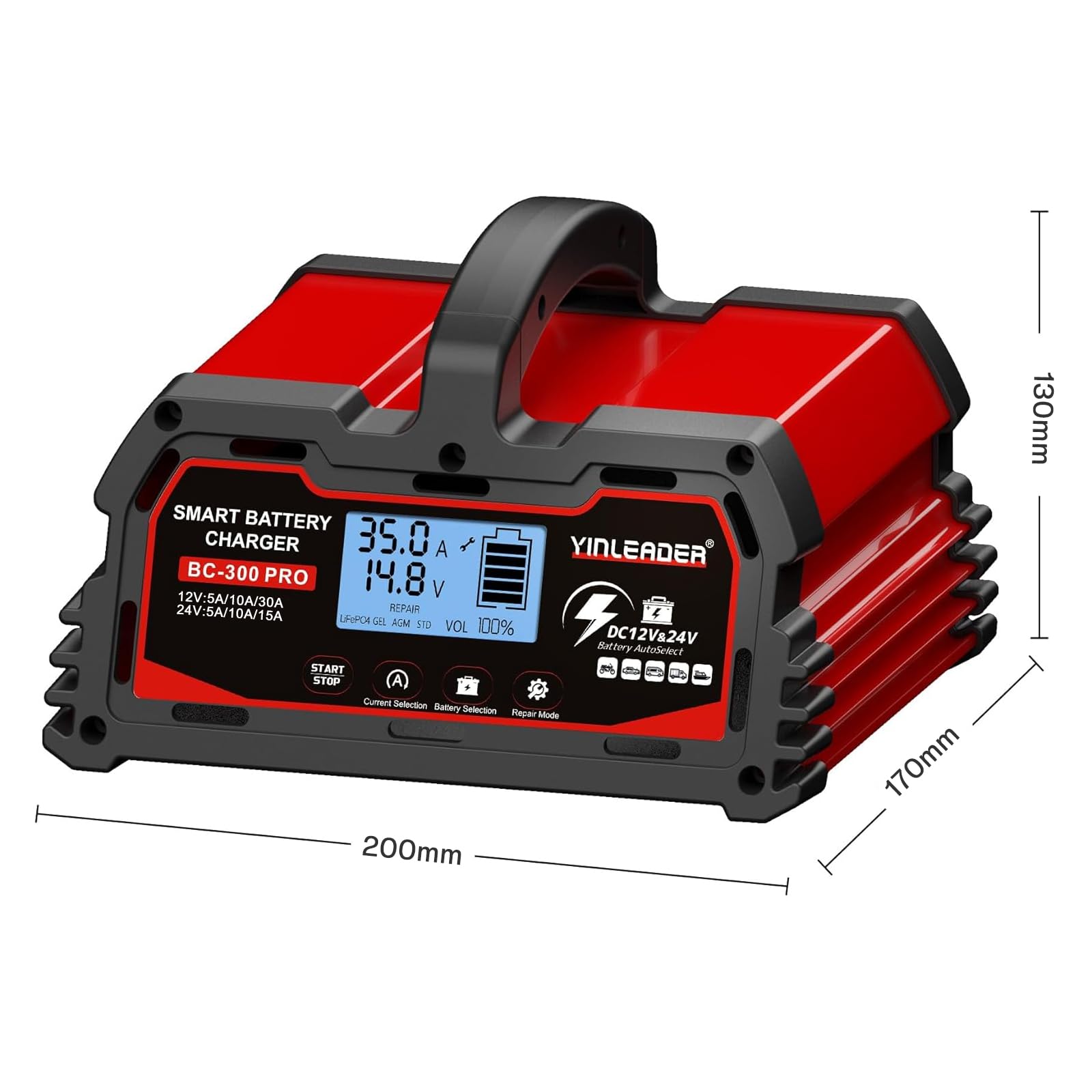 Yinleader Chargeur de Batterie Intelligent 30A 12V /24V 15A, Chargeur de Voiture LCD, mainteneur de Batterie pour AGM, Moto, 12V LiFePO4