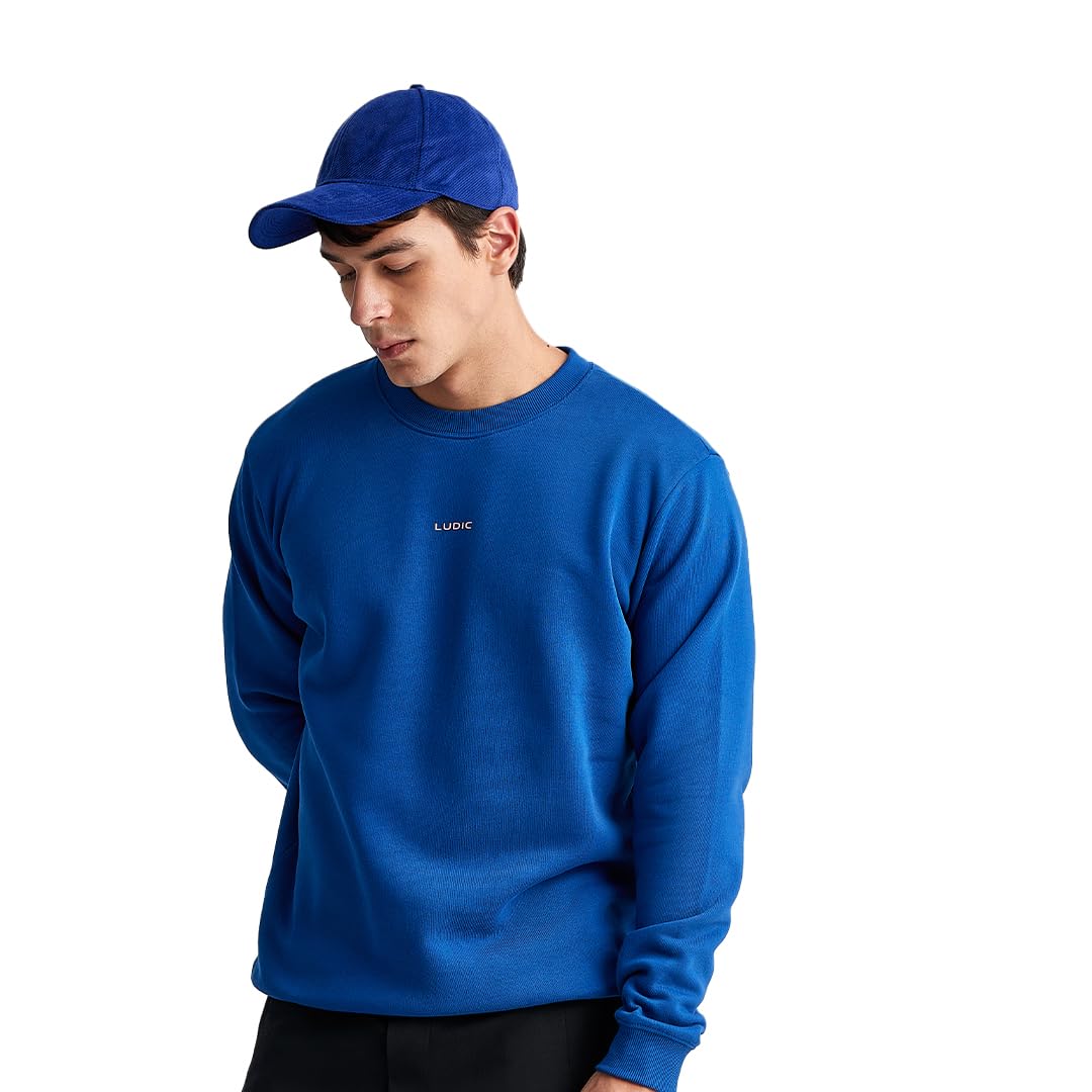 LUDIC WillMill Collection ‘Evoke S’ - 100% French Terry Cotton 320GSM Comfortable, Fleece Lined, Relaxed Fit Sweatshirt for Men - Winter Essential Blue 1