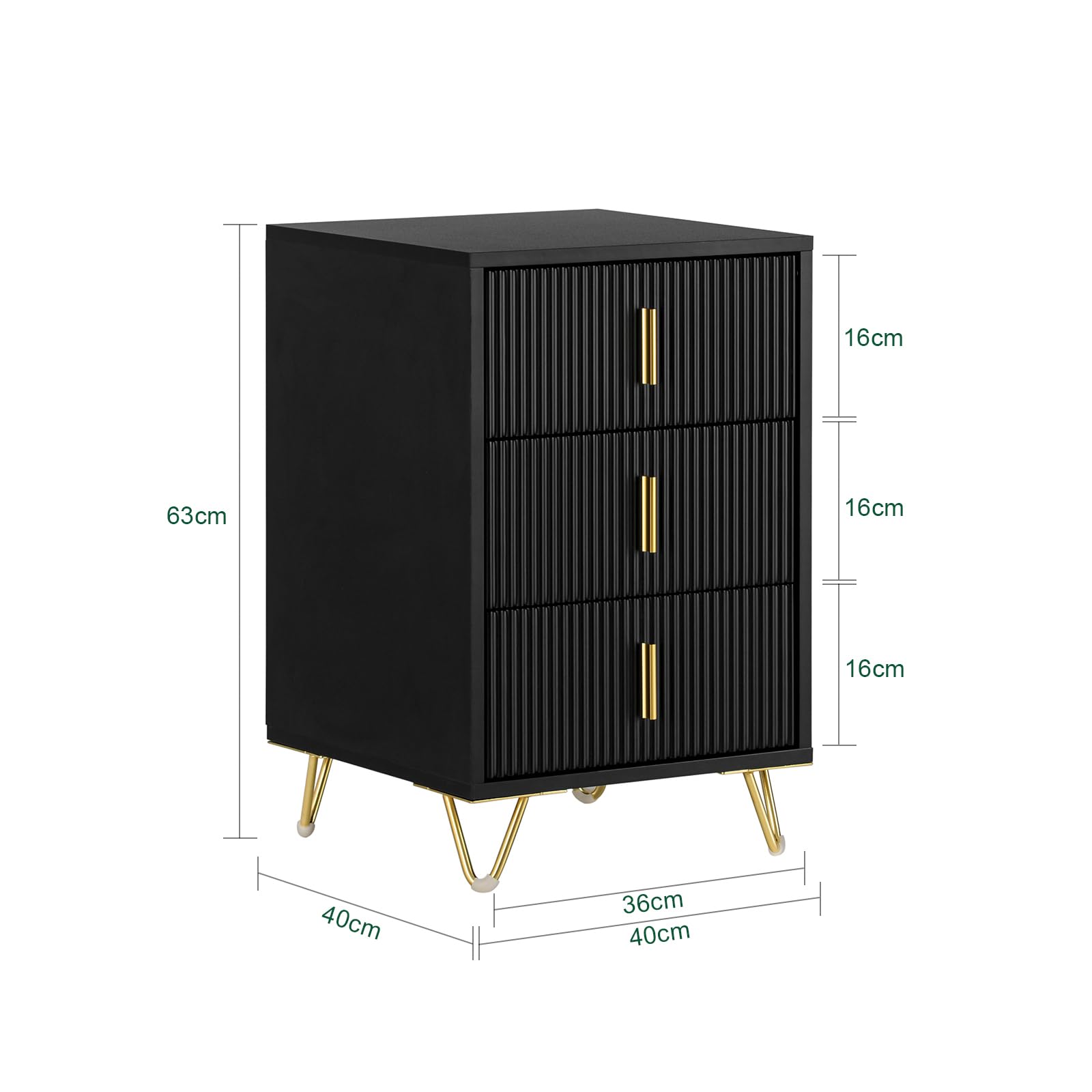 SoBuy Comodino camera da letto con 3 cassetti, 63 cm altezza ergonomica & 33 kg capacità, tavolino da letto per camera e soggiorno, ideale per piccoli spazi, nero, 40 x 40 x 63 cm, FBT115-L-SCH