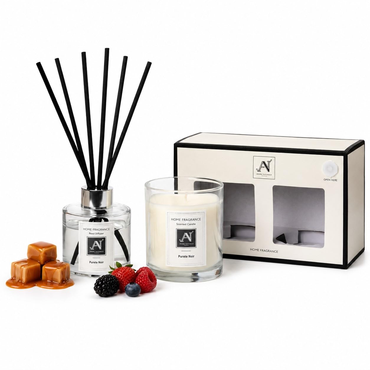 Aroma Naturals Scented Gift Box Candle and Reed Diffuser, Glass Jar Minimalist Luxe 206G, Metal Lid with Ribbon, 100ML Glass Diffuser Vessel with Metal Collar (Purete Noir)