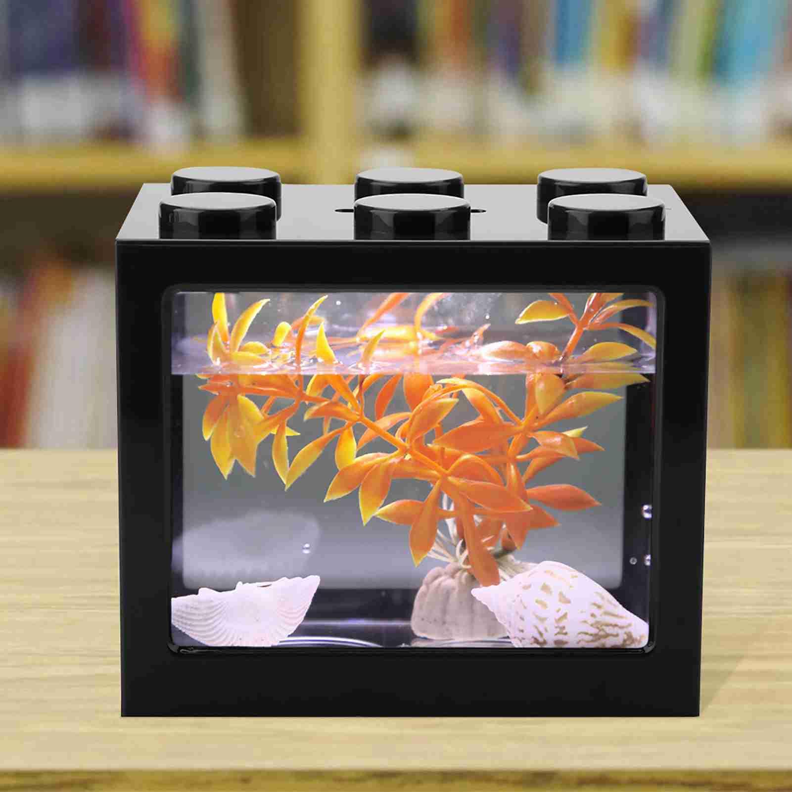 Qcwwy Mini Pecera Acrílica, Kits de Iniciación para Acuarios Mini Pecera Acuario Cubo Apilable Tanque Escritorio Mini Acuario Tanque Tazón con Luz LED USB(Negro)