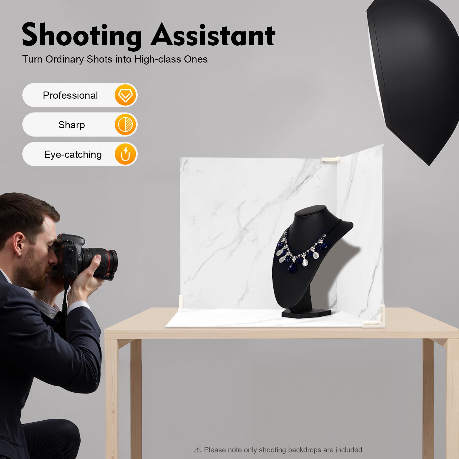 Juego de 3 fondos fotográficos, fondo para fotografía, doble cara, mármol, blanco, mesa de fotografía de productos, combinable con botones de presión para alimentos, cosméticos y joyas
