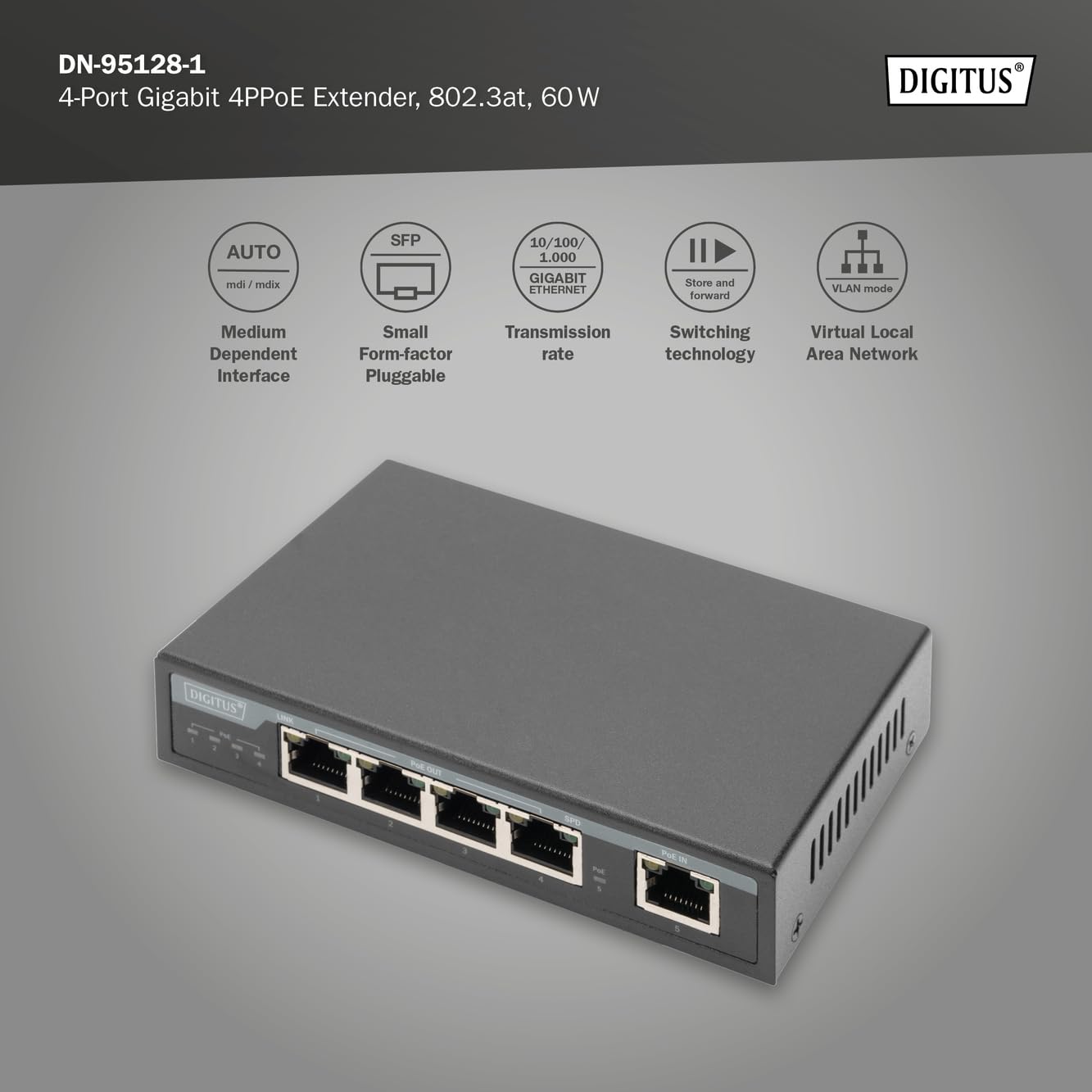 DIGITUS Extender 4-Port Gigabit PoE 802.3at 60W | 100m Reichweite – IEEE 802.3at – Kaskadierbar – Power over Cable – ohne Netzteil – Schwarz