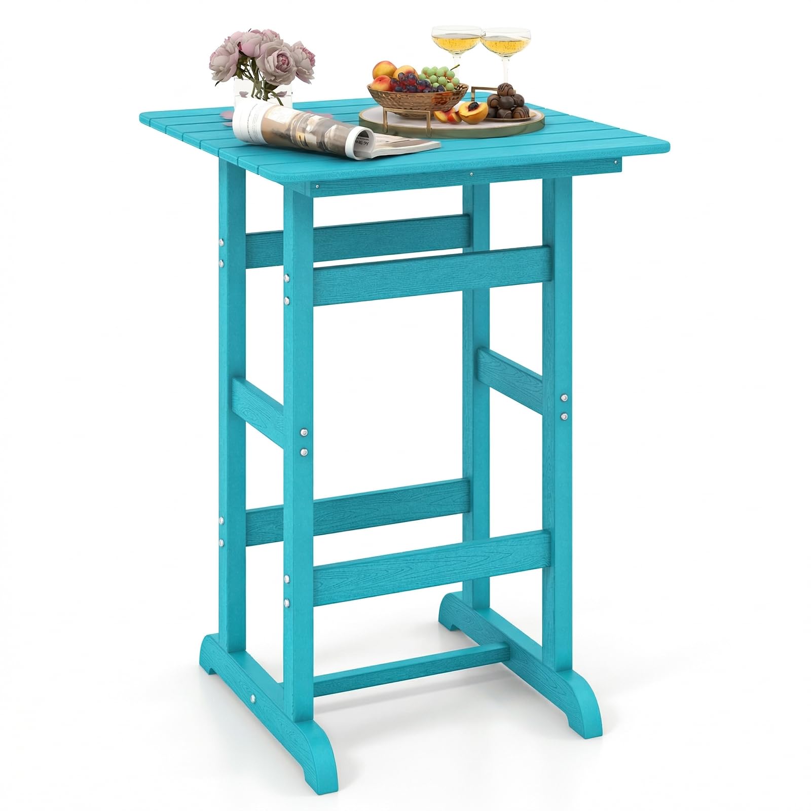 GIANTEX 42" Height Outdoor Tall Bar Table, HDPE Square Pub Table with Wood Grains, Cocktail High Top Tables for Adirondack Chairs, Patio, Bistro, Garden, Poolside, Yard, Balcony, Turquoise