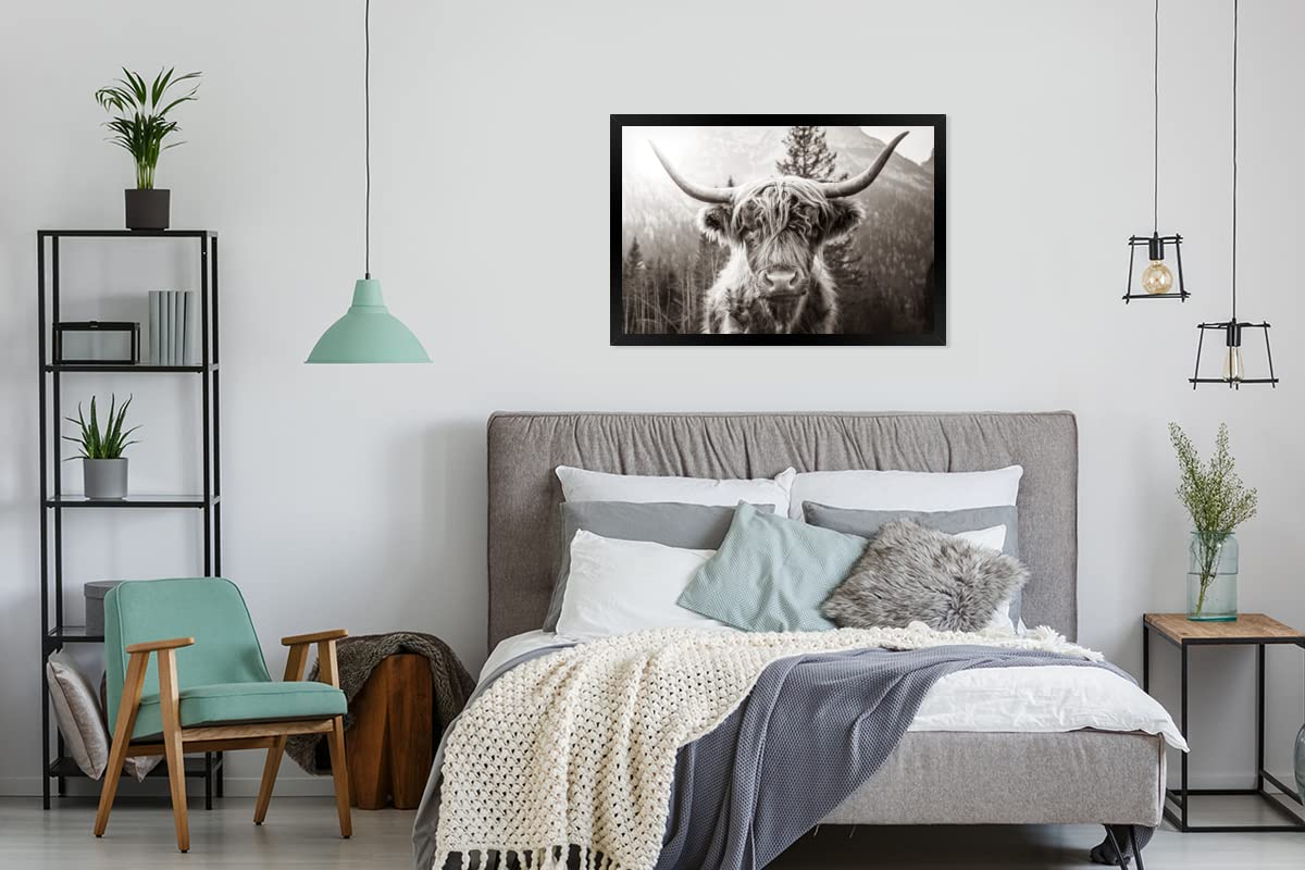 MuchoWow Toile Vache Highlander Écossais Noir Et Blanc - Tableau Animaux Sauvages Nature - Déco Murale 60x80 Cm Salon Chambre