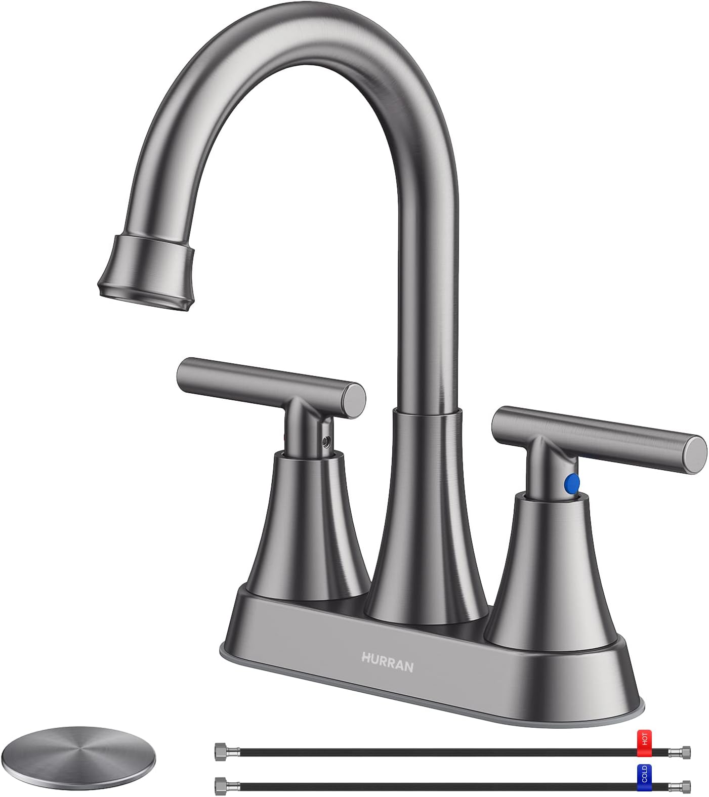 Bathroom Faucets for Sink 3 Hole, Hurran 4 inch Brushed Grey Bathroom Sink Faucet with Pop-up Drain and Supply Hoses, Stainless Steel Lead-Free Centerset Touch On Faucets for Vanity RV
