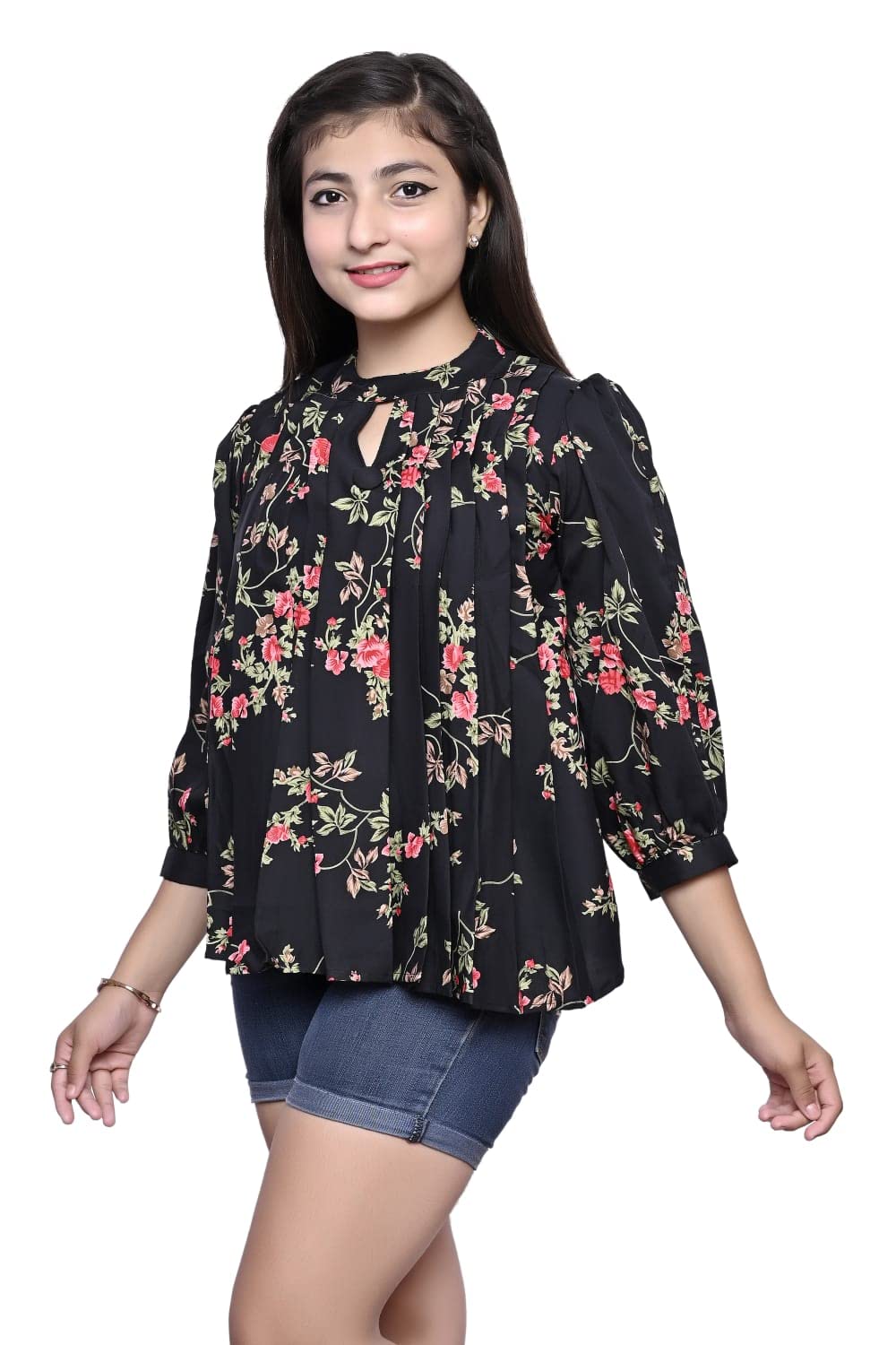 ORIEX THE ORIGINAL FASHION Girls Pleated Flower Design top-63 Black 12-13 Years 1