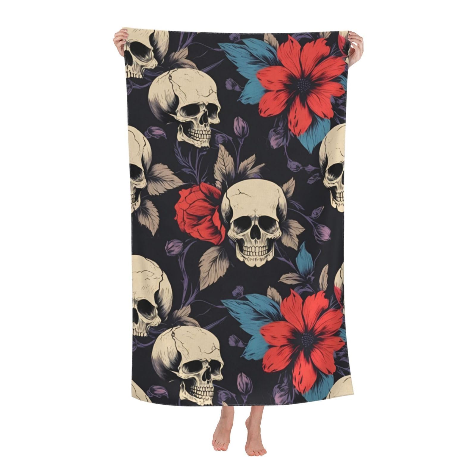 Pojknbv White Skull And Flower Print Oversized Adult Beach Towel Quick-Dry Comfortable Lightweight Travel Pool Camping