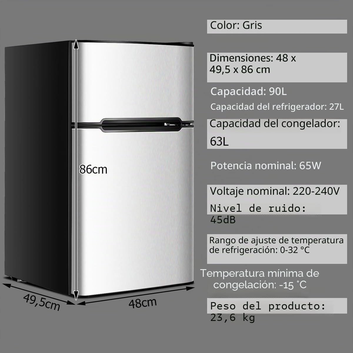 GOPLUS Frigorífico 90 L, Minifrigorífico con Congelador de 27 L y Frigorífico 63 L con Marco de Acero y Termostato Ajustable, Mini Nevera de Bajo Consumo para Casa Oficina 48×49,5×86 CM (Gris)