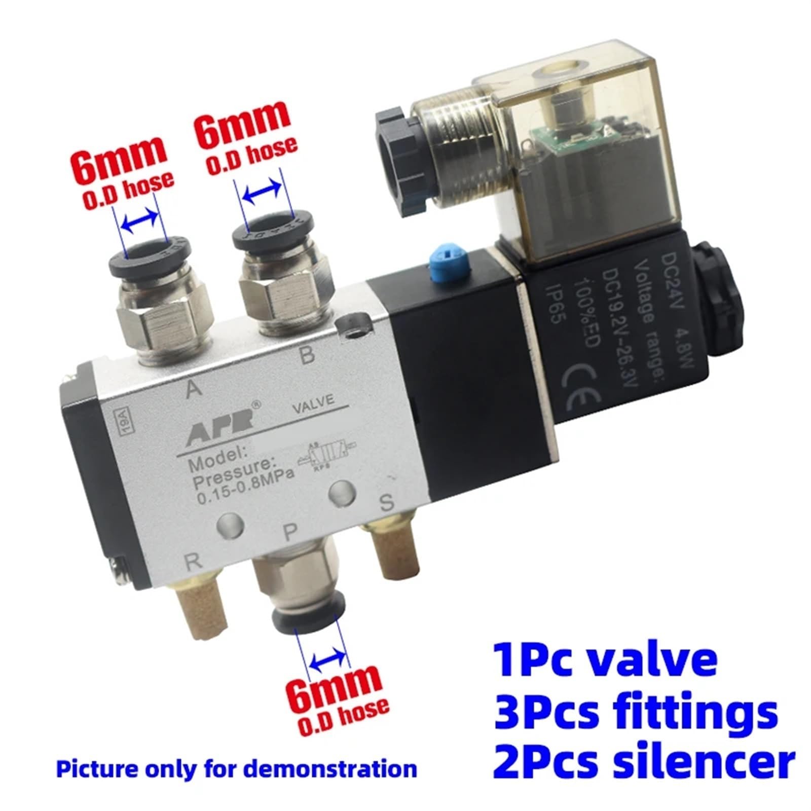 12 V, 24 V, 110 V, 220 V, 4 V, 110-06, zawór powietrzny, pojedyncza cewka, 2 pozycje, 5-drożny, zawór pneumatyczny, elektrozawór elektromagnetyczny (z złączką 6 mm, AC380V)