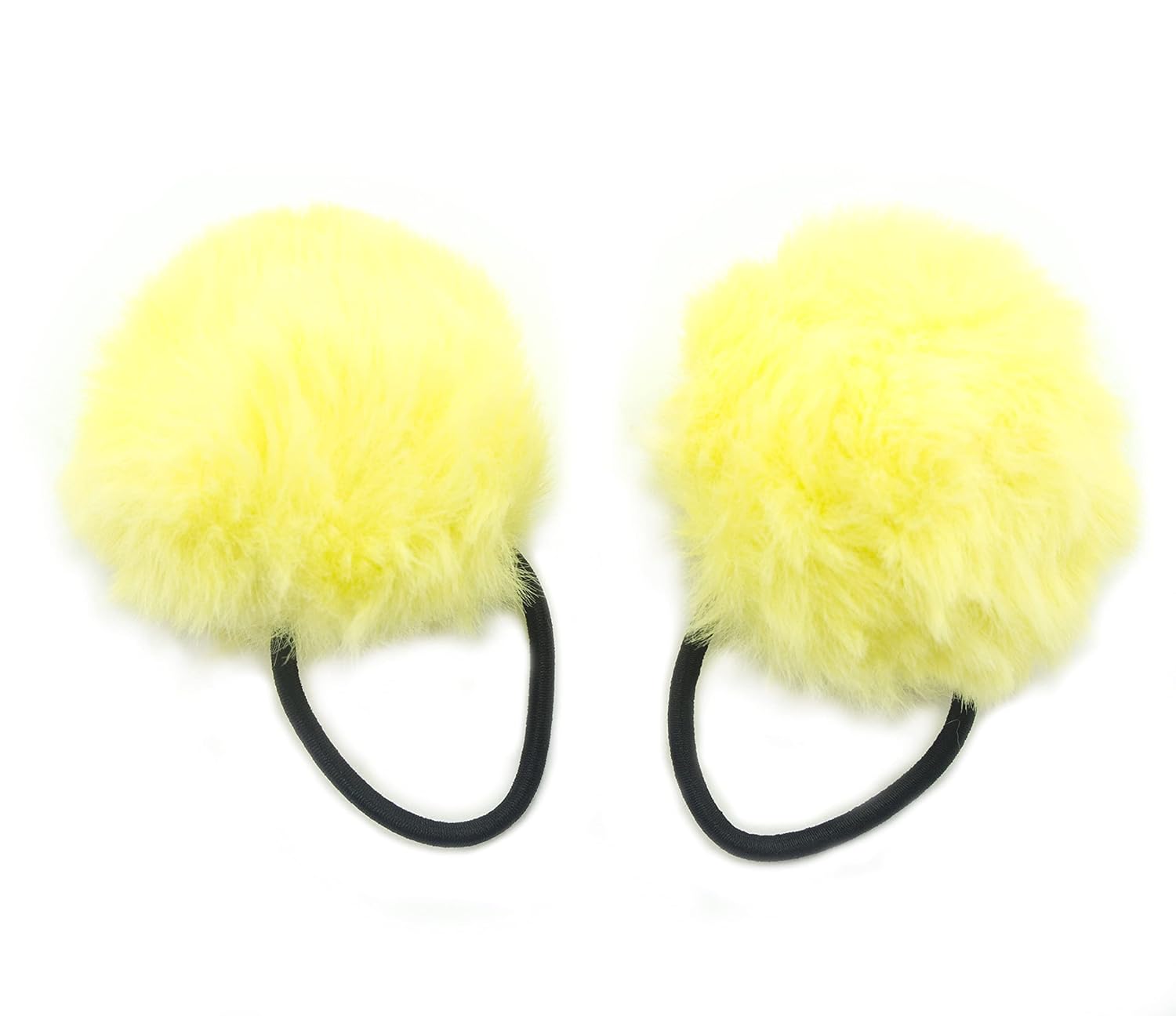 HAND® A Pair of Fluffy Lemon Yellow Pom Pom Elasticated Stretch Hair Bands Ponytail Loops - 70 mm