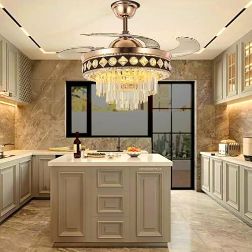 Ventiladores de techo de cristal con luces, ventilador de techo retráctil inversa con control remoto, 6 velocidades, 3 luces LED, ventilador moderno