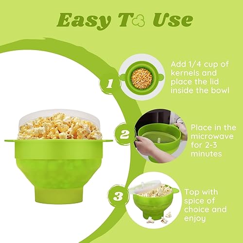 Miniatura 4 de Flexzion Palomitas de maíz de silicona para microondas, sin BPA, plegable, para microondas, con tapa y asa, apto para lavavajillas, cubo de silicona