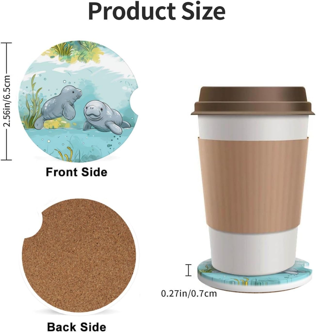 2pcs Car Cup Holder Coasters, Ocean Florida Manatee Absorbent, Ceramic, Blue, Green