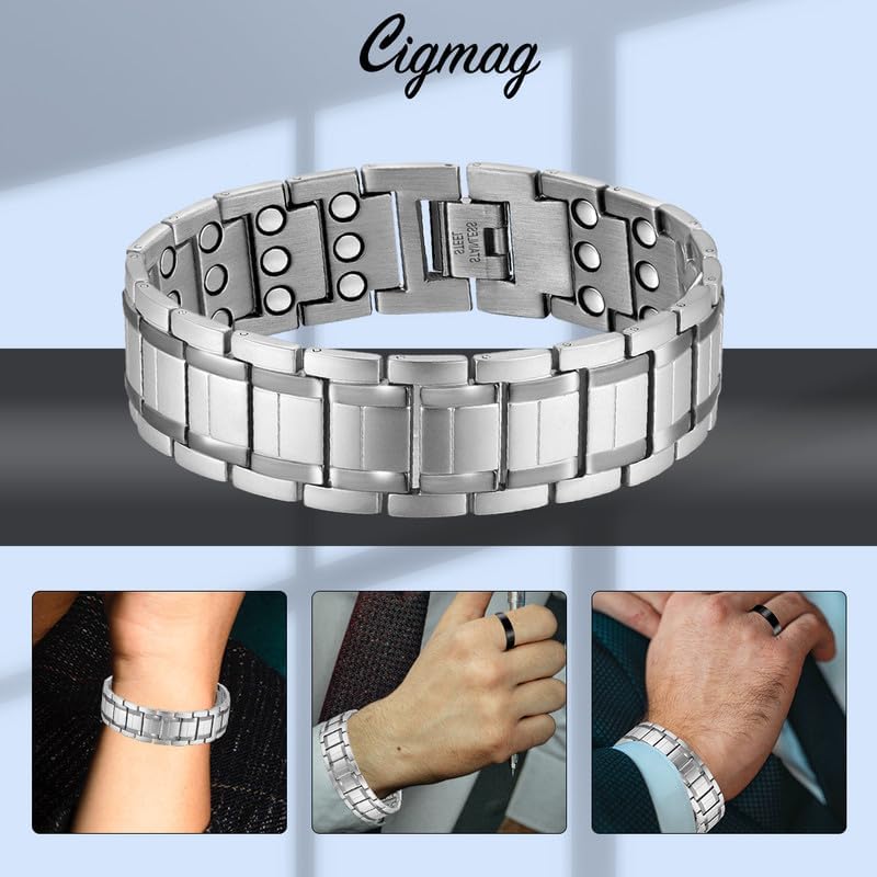 3X Magnetic Bracelets for Men Ultra Strength Titanium Steel Bracelet Wrist Adjustable with Sizing Tools (Silver with Ring) - Image 8