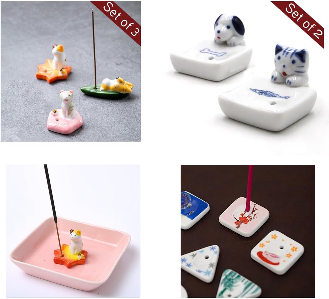 Set of 2, Japanese Mini Cute Kitty Cat with Dog Handmade White Ceramic Incense Stick Holder or Incense Burner Holder, Inscent Tray for Home Decor Yoga Spa Meditation, 1.42 inches