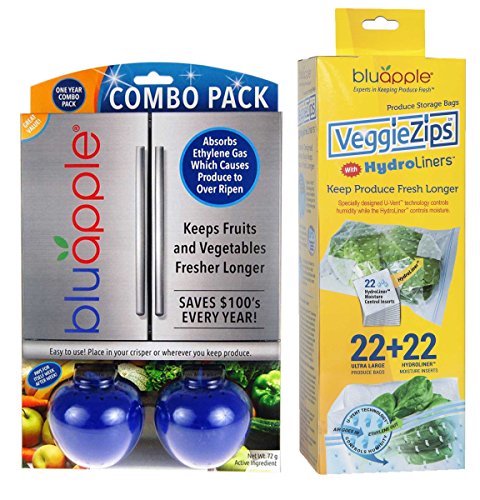 Bluapple and VeggieZips Ultimate Value Pack Produce Preservation Kit Keeps Produce Fresher Longer! Absorbs Ethylene Gas, Regulates Humidity! Save Money Reduce Waste!