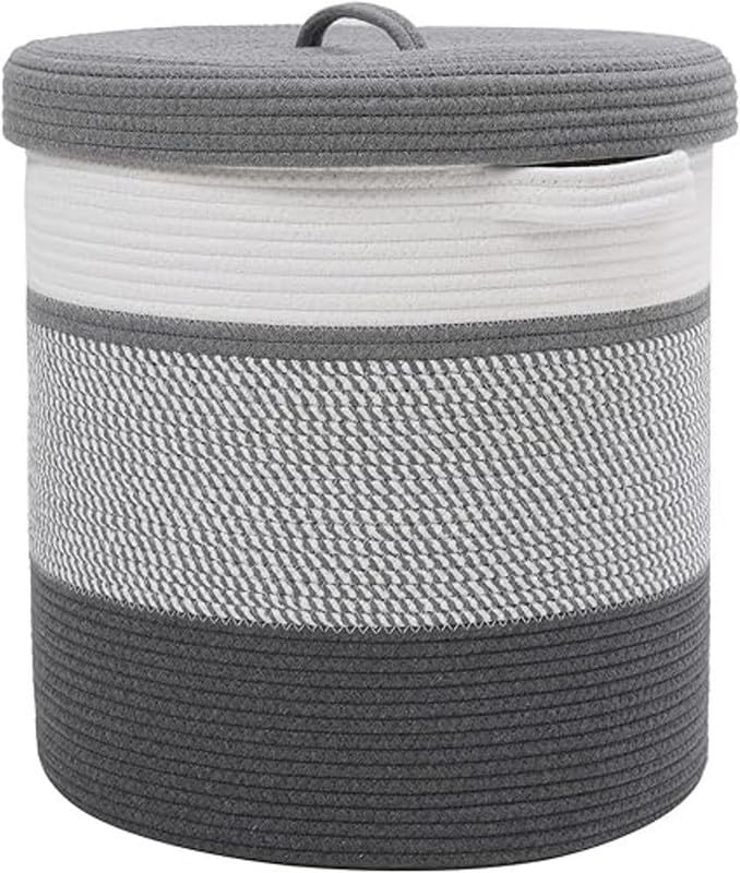 GRATIFY 12" x 12" x 14" Large Storage Basket with Lid, Cotton Rope Storage Baskets, Laundry Hamper, Toy Bin, Blankets Pillows Storage in Living Room Baby Nursery, Basket With top Cover, Mix Black-image-32