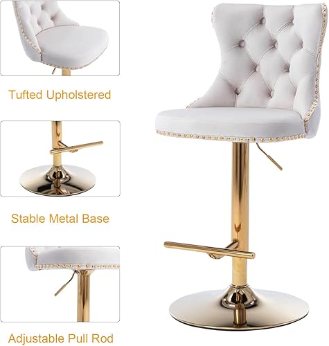 Miniatura 4 de Shenyon Juego de 2 taburetes de bar, giratorios ajustables de altura de mostrador, silla de bar tapizada de terciopelo con ribete clavado y respaldo