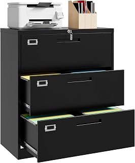 Letaya Lateral 3 Drawer File Cabinets with Lock,Metal Filing Organization Office Cabinets for Home Office Hanging Files Letter/Legal/F4/A4 Size (3 Drawer-Black)