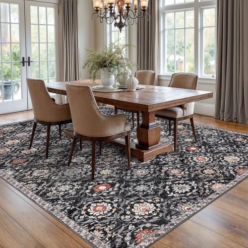 KILOCOCO 8x10 Area Rug, Moroccan Super Soft Washable Living Room Vintage Floral Rug, Non-Slip Large Print Faux Wool Throw Indoor Rug for Playroom Bedroom Office Carpet, Charcoal/Multi